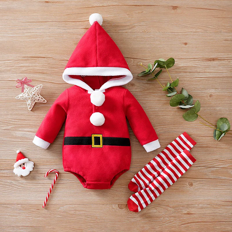 Christmas Newborn Clothes Cute Santa Claus Soft 0-18 Boys And Girls Autumn And Winter Long Sleeved Baby Triangle Jumpsuit+Socks