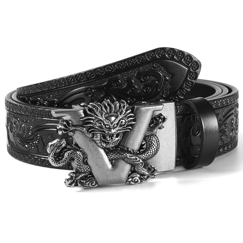 3,5 cm Beliebter chinesischer Loong-Gürtel aus Metalllegierung mit automatischer Schnalle, luxuriöser Herren-Gürtel aus echtem Leder, Retro-Gürtel mit geschnitzten Blumen – Detail 11