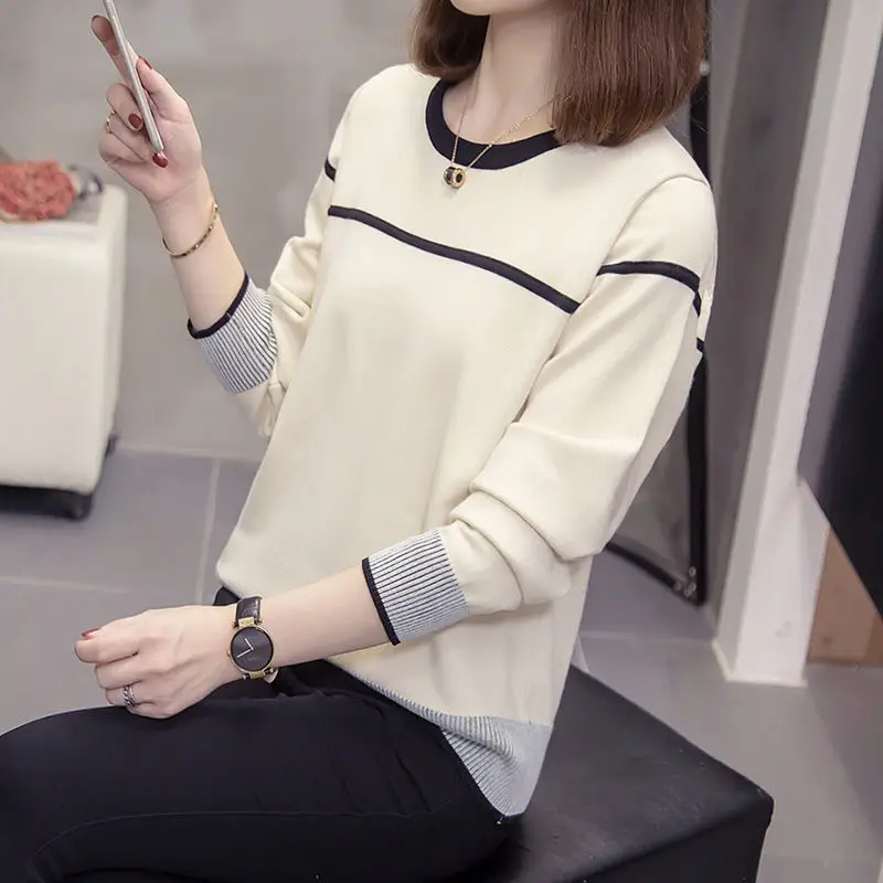 2022 New All-match Fashion Casual Autumn Winter Thin Striped Loose Pullovers Slight Strech O-Neck Hot Selling Women's Clothing