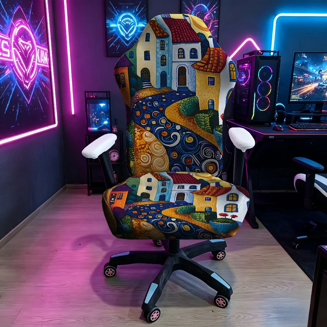 Starry moon night town village pattern e-sports chair cover, high elastic e-sports office chair cover