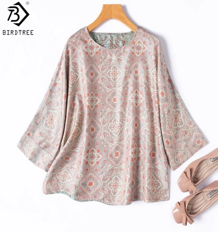 

Birdtree 100% Mulberry Silk Reversible Shirt,Women Hua Luo Shu Brocade O-neck Long Sleeve Jacquard Blouse,2025 New T57710JF