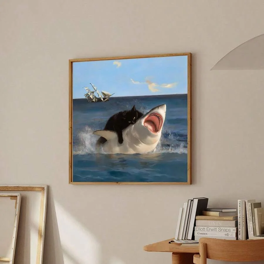 Fat cat and shark meme poster, renaissance painting style, funny cat mural, artwork wall painting, home and dorm decor