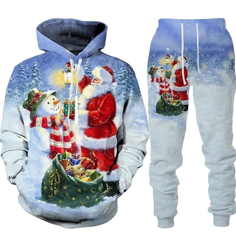 3D Print Men\'s Hoodie Sets Christmas Santa Claus Men Women Hooded Sweatshirt Pants 2Pcs Suits Oversized Pullover Couple Clothes