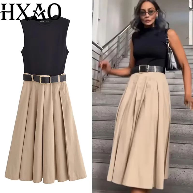 HXAO Womens Dresses 2025 Sleeveless Patchwork Long Dress Summer Pleated Elegant Party Dresses Belted Casual Midi Dresses 088