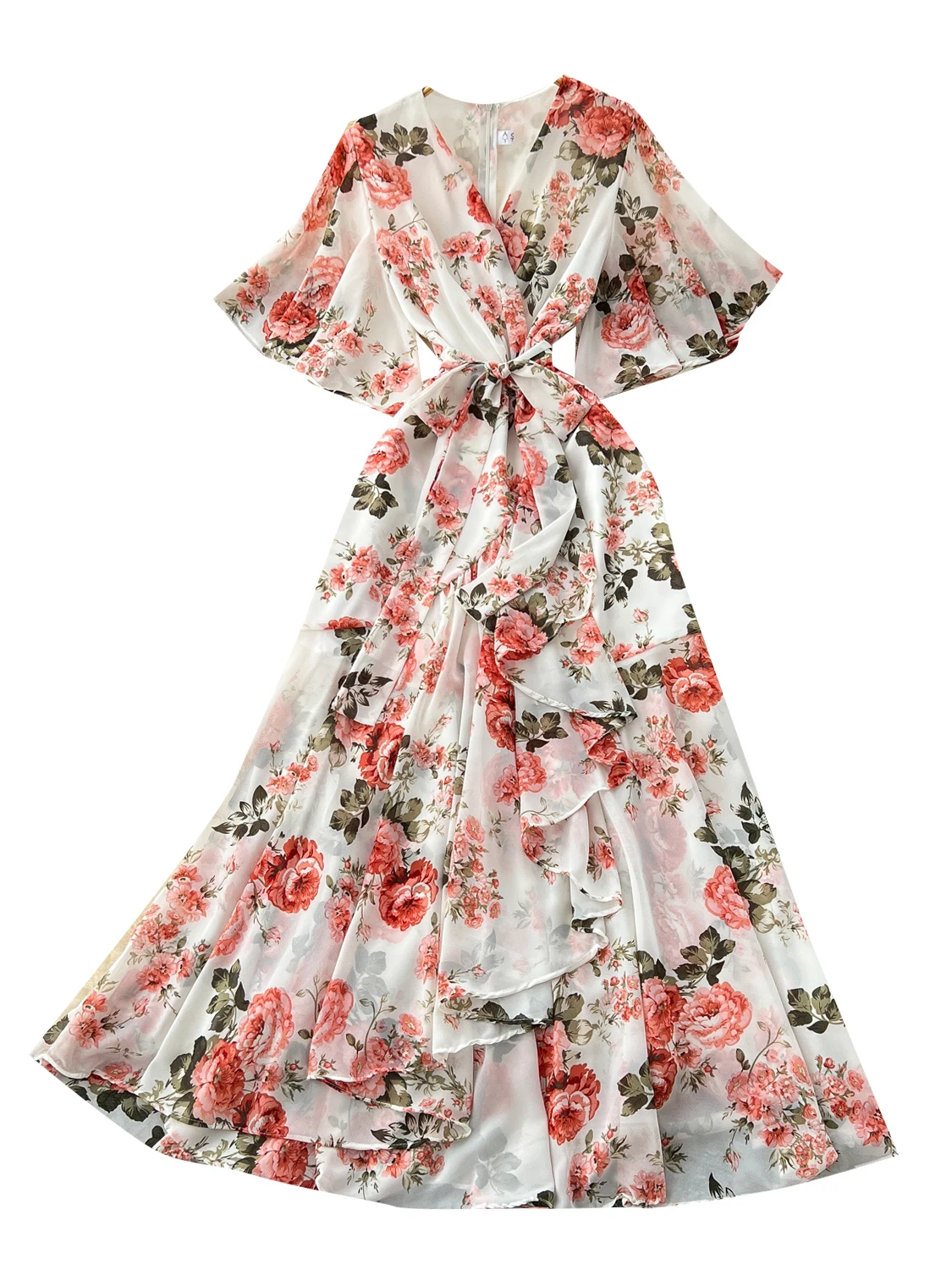 Vestido longo de verão e f cintura alta saia linha a estilo floral imprão chiffon material manga curta versã...