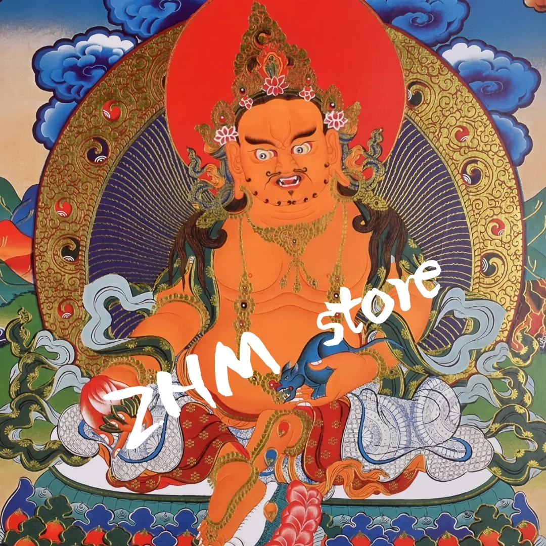 Tibetan Thangka Tantric Buddhist Painting Gold-Leafed Gilded Images of the Wealth God And Buddha Religious Artwork from Tsang