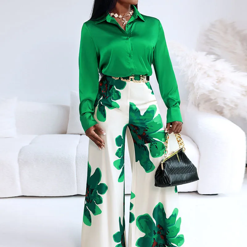

Элегантный офисный комплект с широкими брюками с высокой талией, новый осенний свободный профессиональный наряд, повседневный костюм-рубашка с длинными рукавами и принтом
