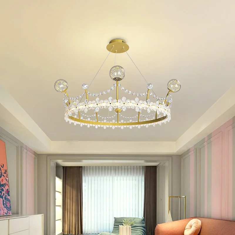 Bedroom lamp, princess girl, children's room lamp, warm and luxurious crystal crown pendant lamp