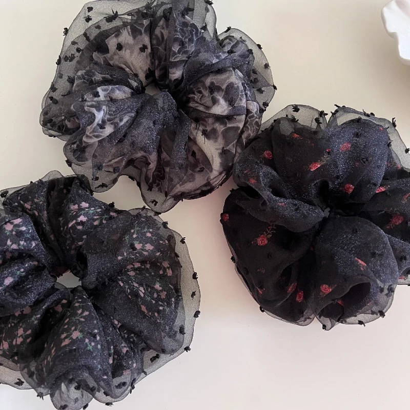 

Vintage Polka Dot Black Flower Scrunchie HairTie Chic Headband Ponytail Holder Double Layered Rose Hair Accessory Headpiece