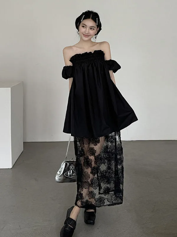 Elegant Black Midi Dress Korean Style Polyester Fiber No Sleeve One Shoulder Net Gown Commute Wear Summer Fashion Dress