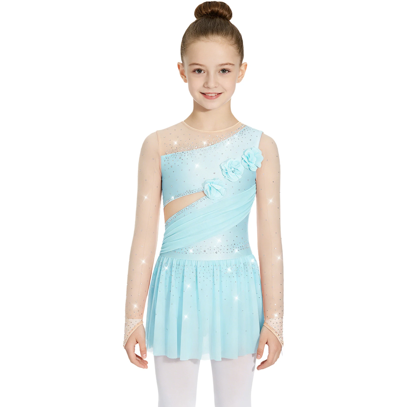 Mädchen Glänzendes Strass-Gymnastik-Ballett-Lyrical-Tanz-Auftrittskostüm Langarm 3D-Blumen Eiskunstlauf-Netzkleid – Detail 6