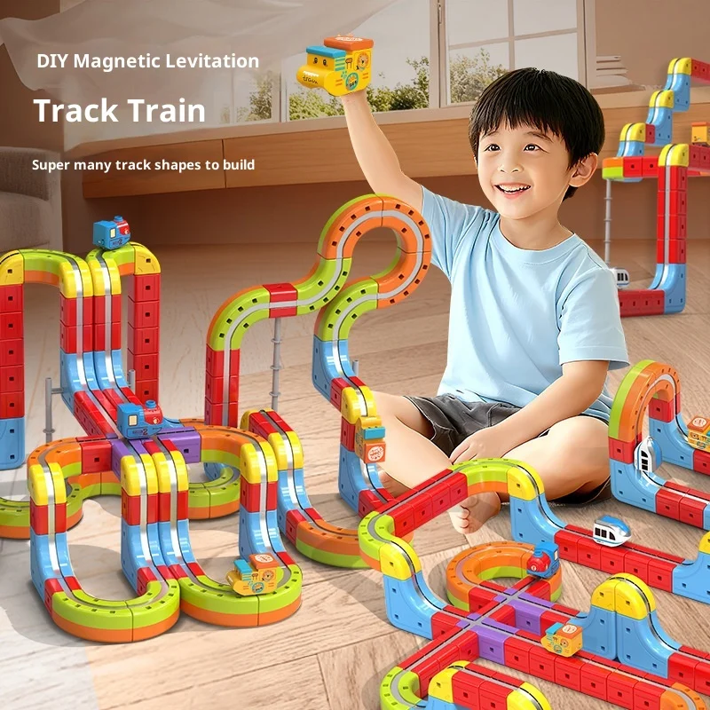 Set di confezioni regalo magnetiche elettriche fai-da-te Pista con veicoli antigravità - 100+ pezzi Giocattoli da costruzione con stelo Giocattolo ferroviario creativo per bambini