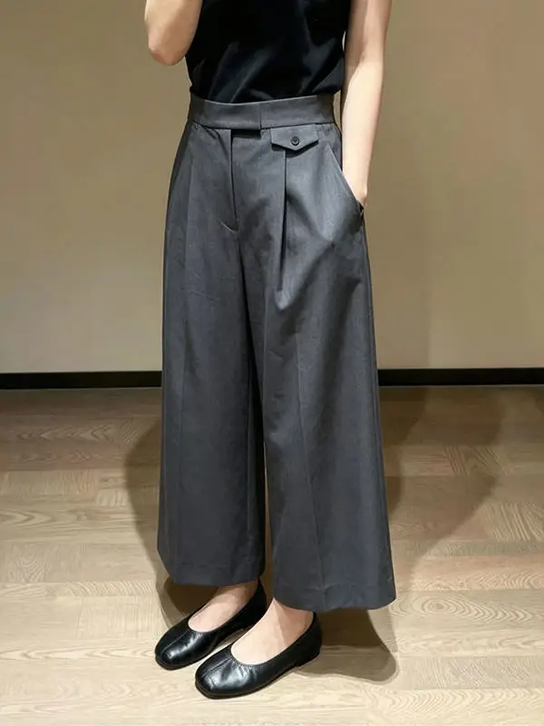 Minimalist Business Dark Grey Wide Leg Culottes For Women High Waist Pleated Pocket Office Work Ankle‑length Suit Trouser Bottom