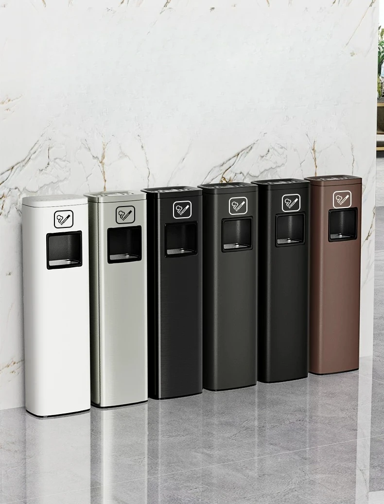 Stainless steel vertical elevator entrance trash can commercial with ashtray corridor aisle smoking column