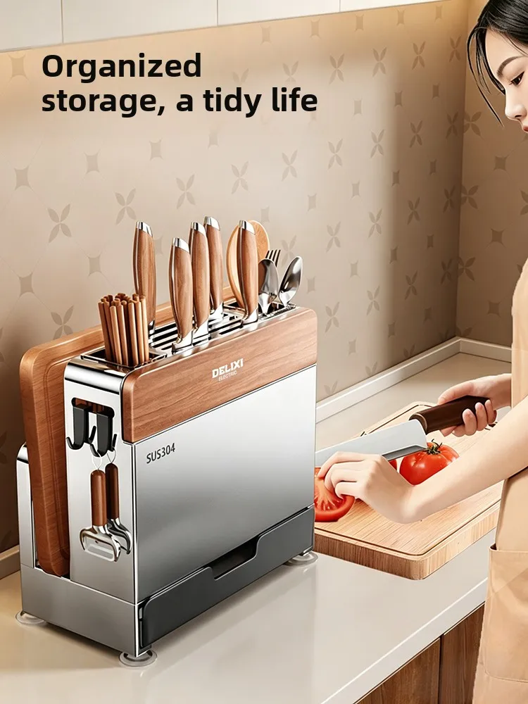 Delixi Middle-aged Style Stainless Steel Knife Rack Integrated Cutting Board Knife Stand Storage Shelf Kitchen Storage Rack