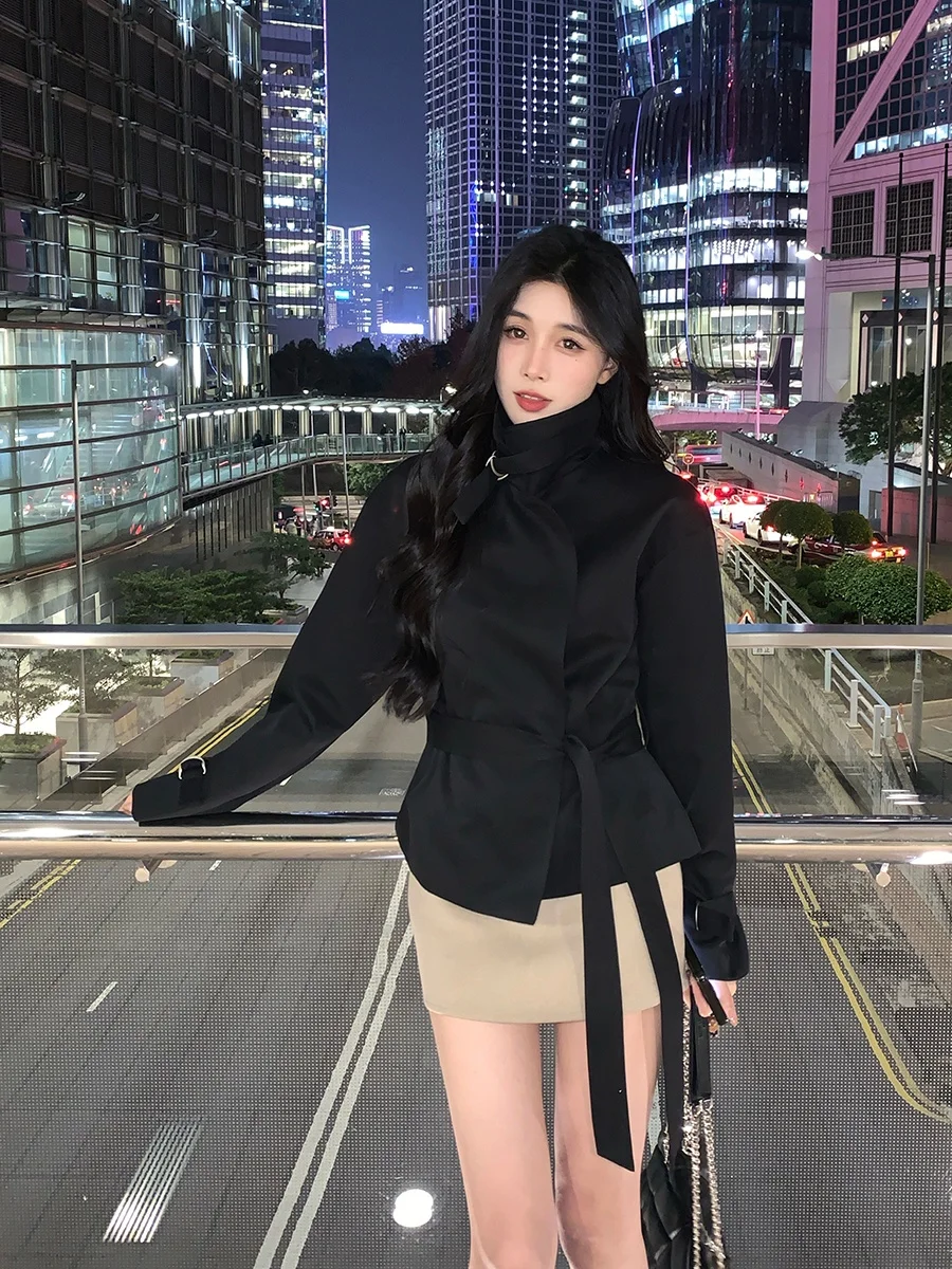 

He Chenxi ort Повседневная женская ветровка с воротником-стойкой для похудения Свободный силуэт Дизайн Осенняя верхняя одежда