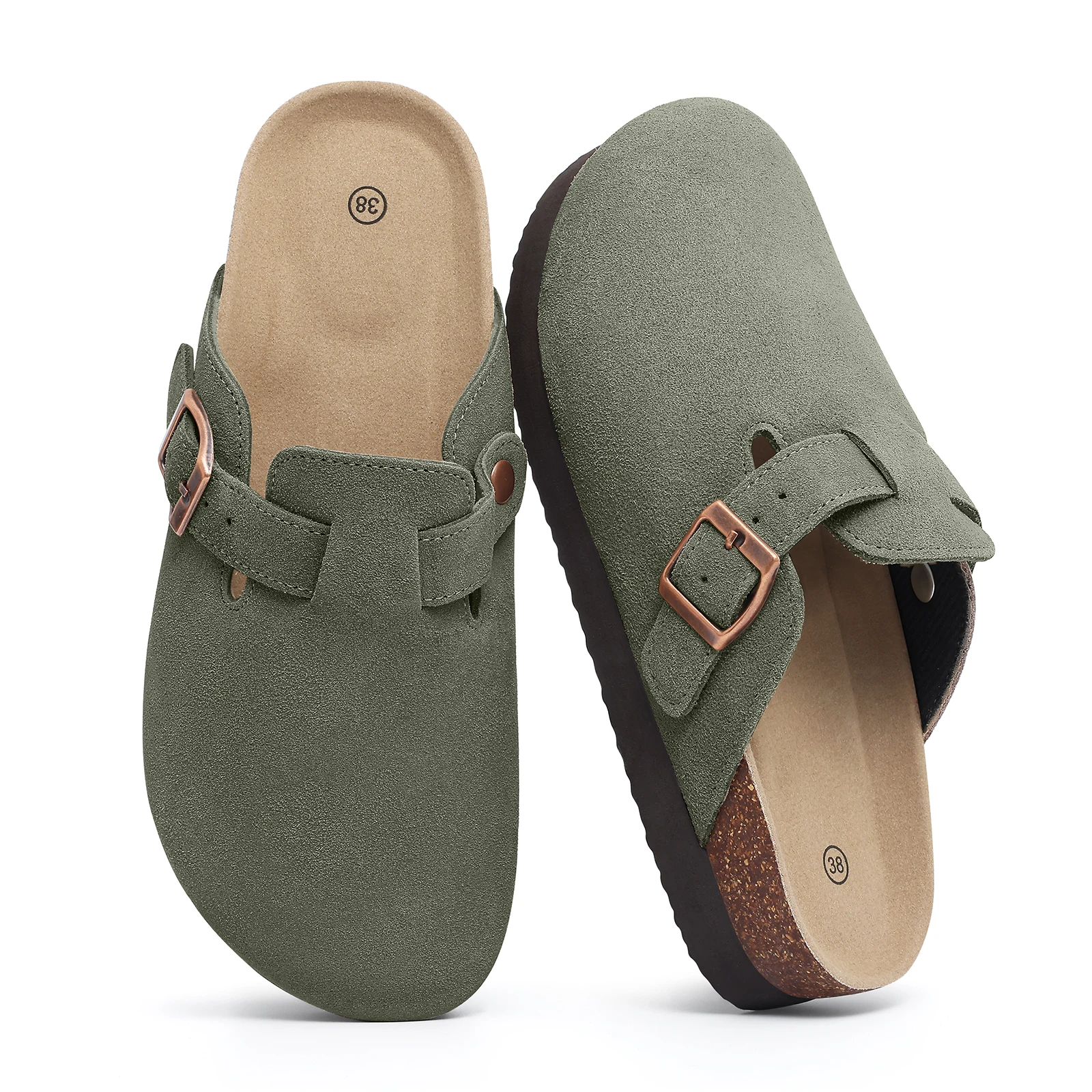

Smile Pop Men's Suede Shoes With Adjustable Back Strap Leather Mules With Cork Flip-Flop Slippers Insoles Slip-On Potato Shoes