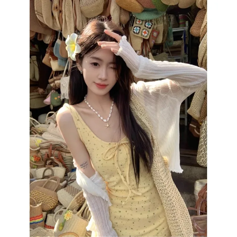 Yellow floral sleeveless tank dress with straps for women 2025 summer new style French sweet and gentle style long dress