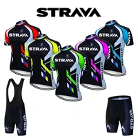Strava-Conjunto de Jersey de ciclismo para hombre, Maillot de ciclismo de montaña, camiseta de ciclo de verano, pantalones cortos con pechera, traje de triatlón, ropa para bicicleta de montaña