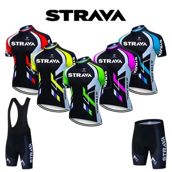 Maglia da bici Strava Set T-shirt da ciclismo estiva Pantaloncini con bretelle Set Abbigliamento da mountain bike per triathlon Traspirazione del sudore ad asciugatura rapida