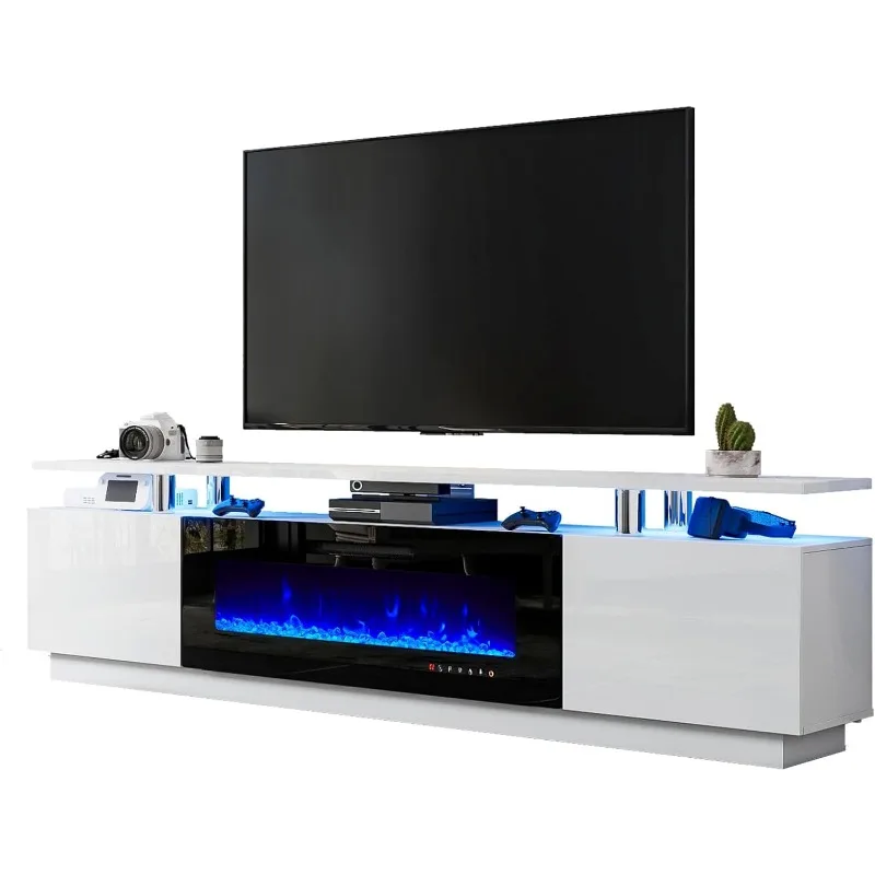 80" Fireplace TV Stand, Modern LED Entertainment Center with 40" Electric Fireplace,High Gloss Finish Media Console with Storage