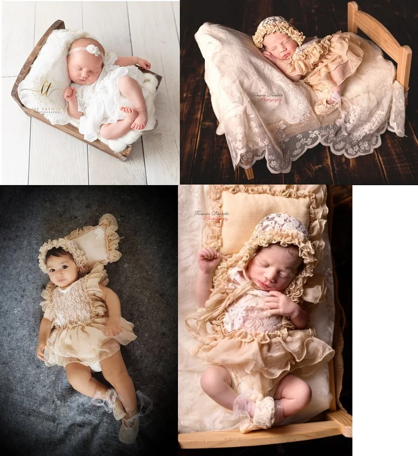 0-3Month Baby Newborn Photography Props Baby Hat Baby Girl Lace Romper Bodysuits Outfit  Photography Clothing