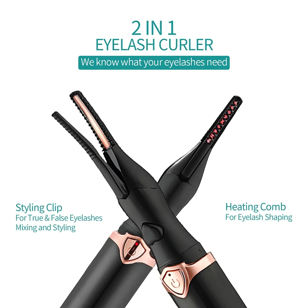 2-IN-1 Eyelash Curler Heating Styling Clip 60s Curling Lash Curler Long-lasting Curling Comb&Clip Dual Use Ironing Brush Mascara