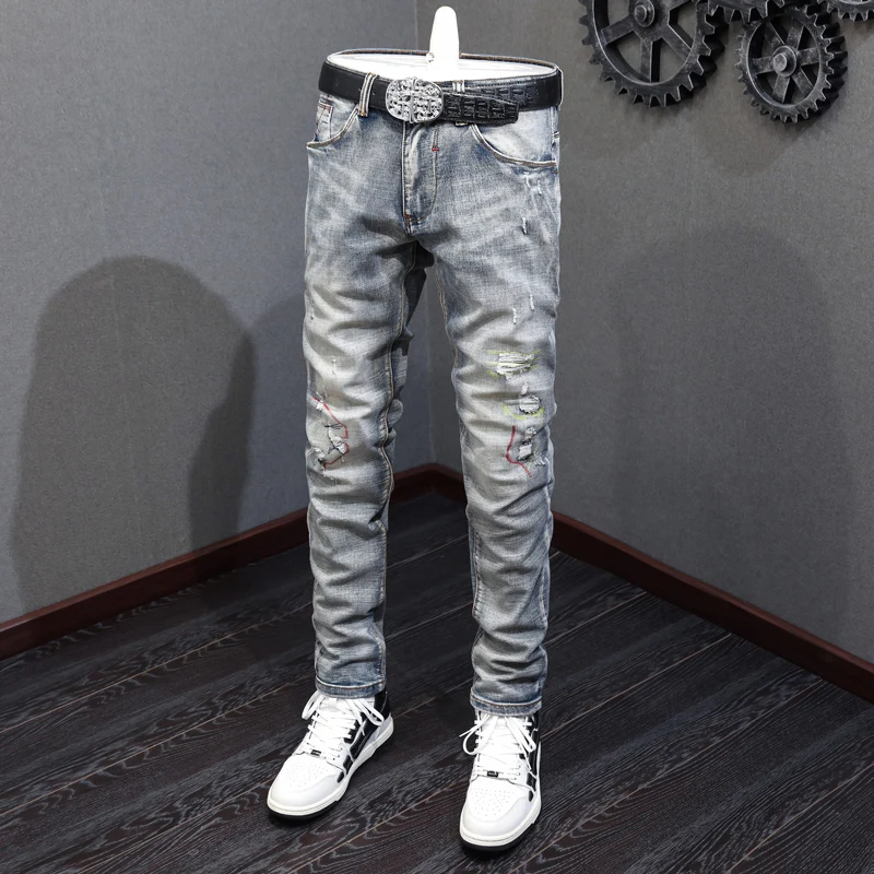 Y2K Designer Fashion Men Jeans High Quality Retro Blue Stretch Slim Fit Ripped Jeans Men Embroidery Vintage Denim Pants Hombre