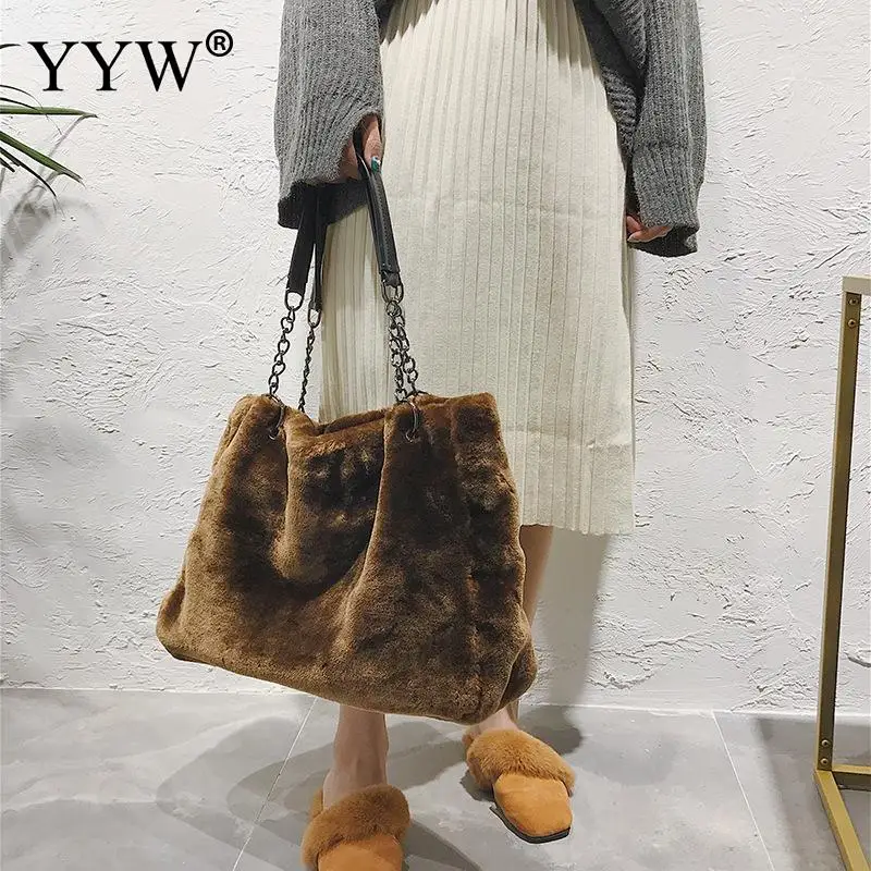 Female Winter Faux Fur Plush Tote Bag Women'S Bag Designer Large Capacity Luxury Handbag Shoulder Bag Purses Female Satchel Bags