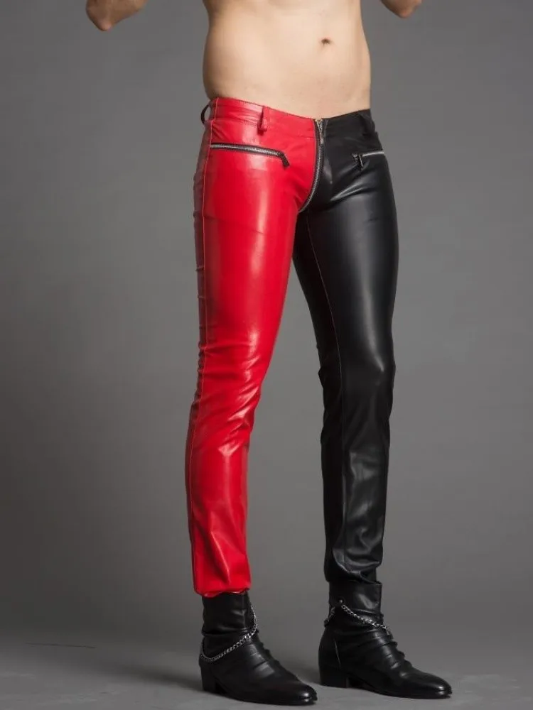 

Men's Slim Pants Fashion Personality Red And Black Color Matching Sexy Tight-fitting Leather Pants Zipper Plus Size Men Trousers