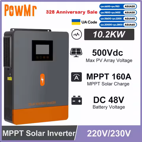 PowMr On/Off Grid Hybrid Solar Inverter 10.2KW 2 MPPT and 160A Solar Controller Pure Sine Wave Max PV 500Vdc Fit Lithium Battery