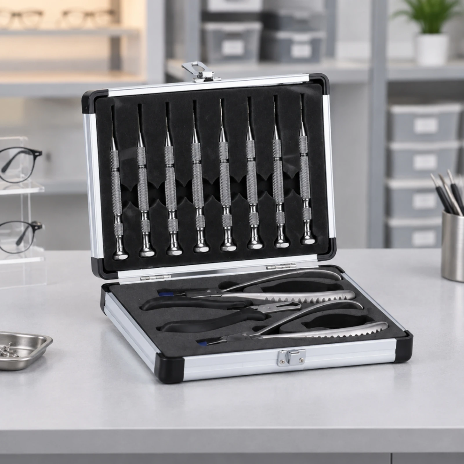Eyewear Processing Toolkit Non-Slip Eyeglass Repair and Processing Tool Kit with Hard Storage Case for Optical Technicians