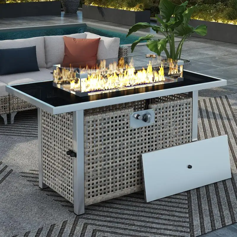 

43" Propane Fire Pit Table, 60000 BTU Rectangular Wicker Fire Pit with Glass Wind Guard for Outdoor Patio Deck Garden Backyard