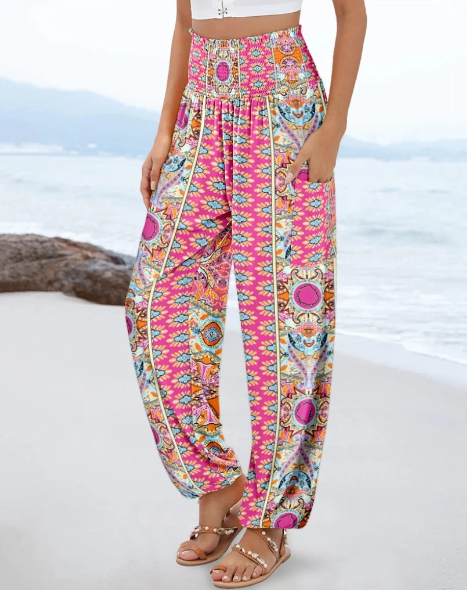 Damen Palazzo-Hose mit hoher Taille, Boho-Print, lockerer Passform, geometrischem Blumenmuster und Seitentaschen für den Sommerurlaub am Strand – Detail 2