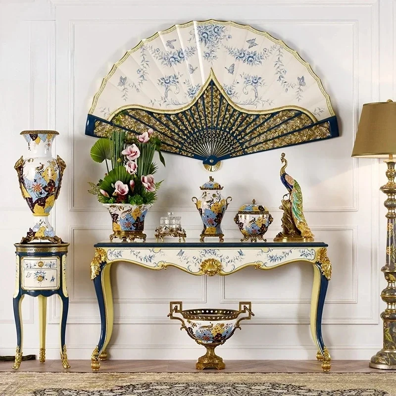 Luxury French Chinese Style Hand-painted Cyanotype Blue and White Entryway Table Set for Foreign Exports