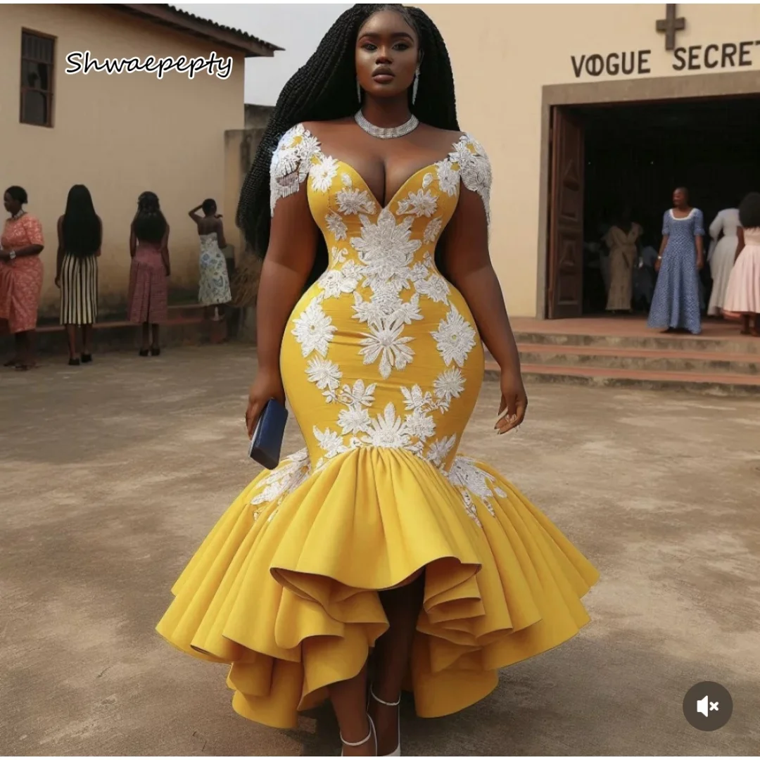 

Aso Ebi African Yellow Mermaid Prom Dress With Lace Appliques Ruffle Satin High Low Birthday Pageant Gown Customized
