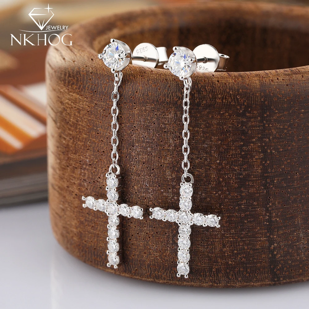 

Серьги-подвески NKHOG Cross Full Moissanite для женщин, серебро S925, модные серьги-гвоздики с искусственными бриллиантами, покрытие 18K, сертифицированные ювелирные изделия