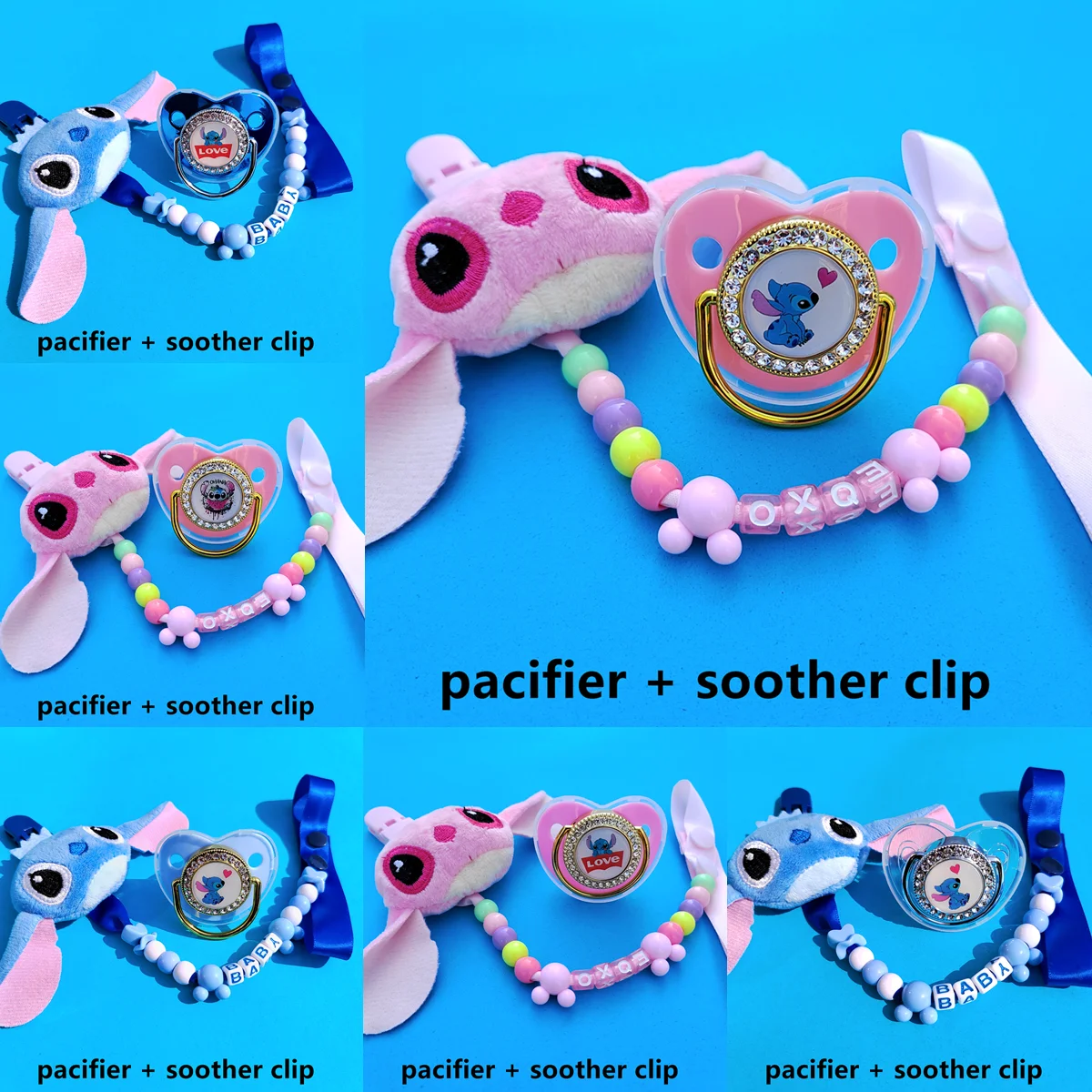 2Pcs Disney Movie Lilo & Stitch Soft Cotton Plush Mini Toy Personalized English Letters Name Pacifier Clips and Dummy Soother