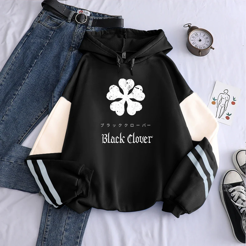 Harajuku Anime Manga Black Clover Logo Hoodies Unisex Long Sleeve Hip Hop Streetwear Plus Size Winter Patchwork Men Sweatshirts