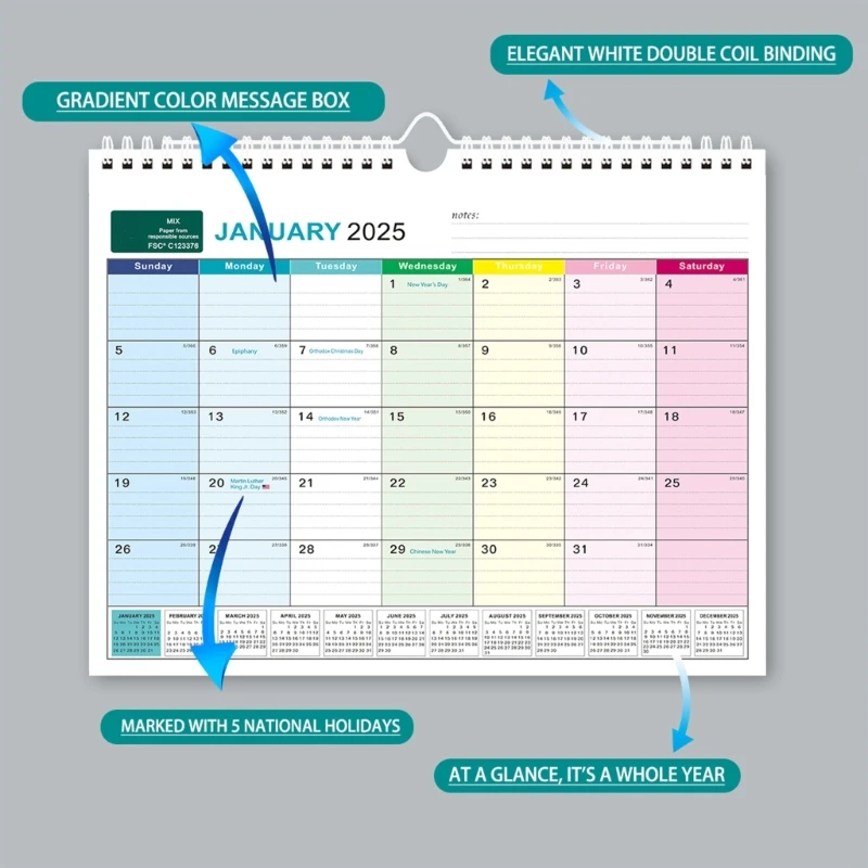 Calendario 2025, planificador semanal, calendario pared, calendario escolar, edición en inglés, calendario colgante para y