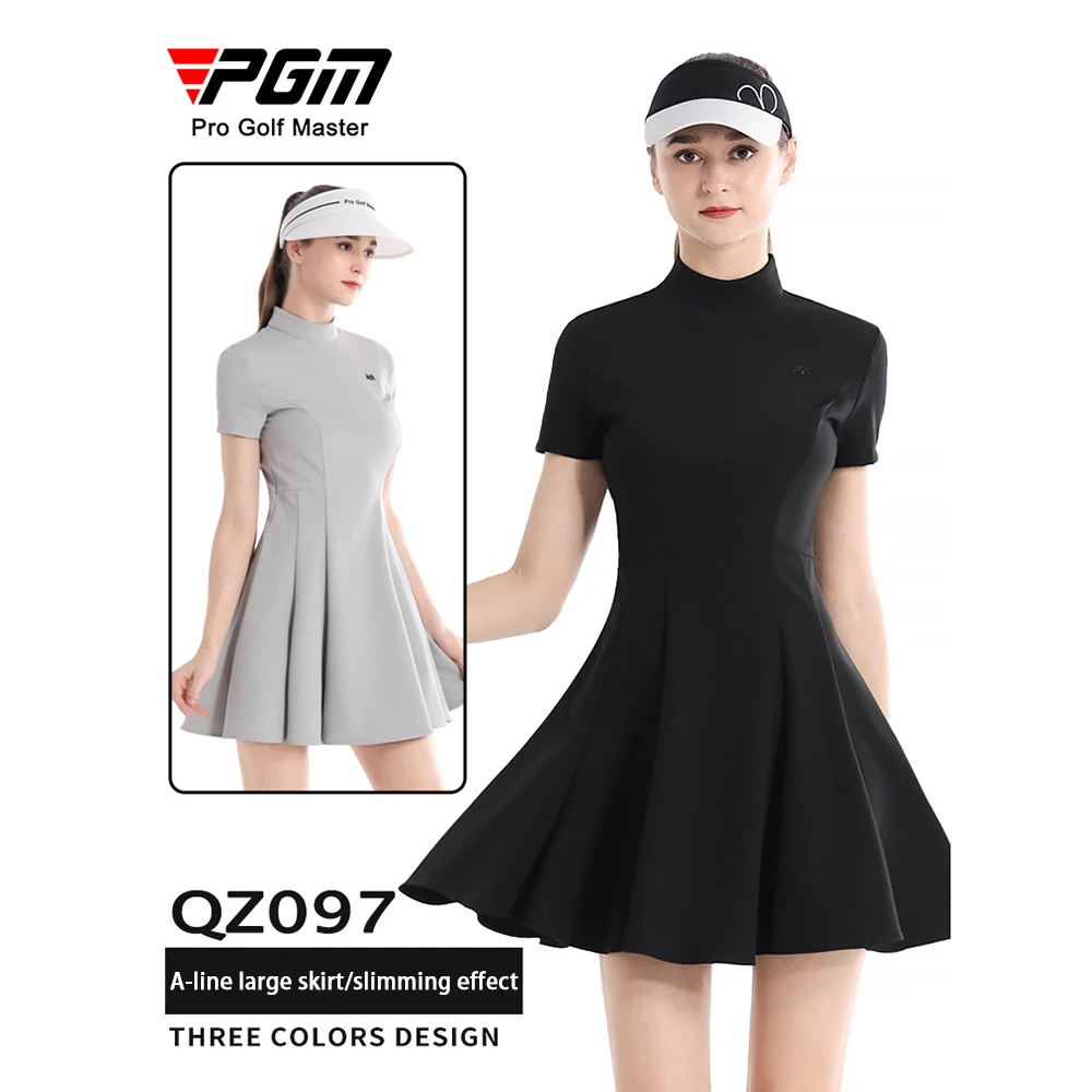 PGM Golf Women'S Dress, Summer Golf Clothing, High Elasticity Slim Fit A-Line Skirt, Stand Up Collar Short Sleeved Dress Qz097