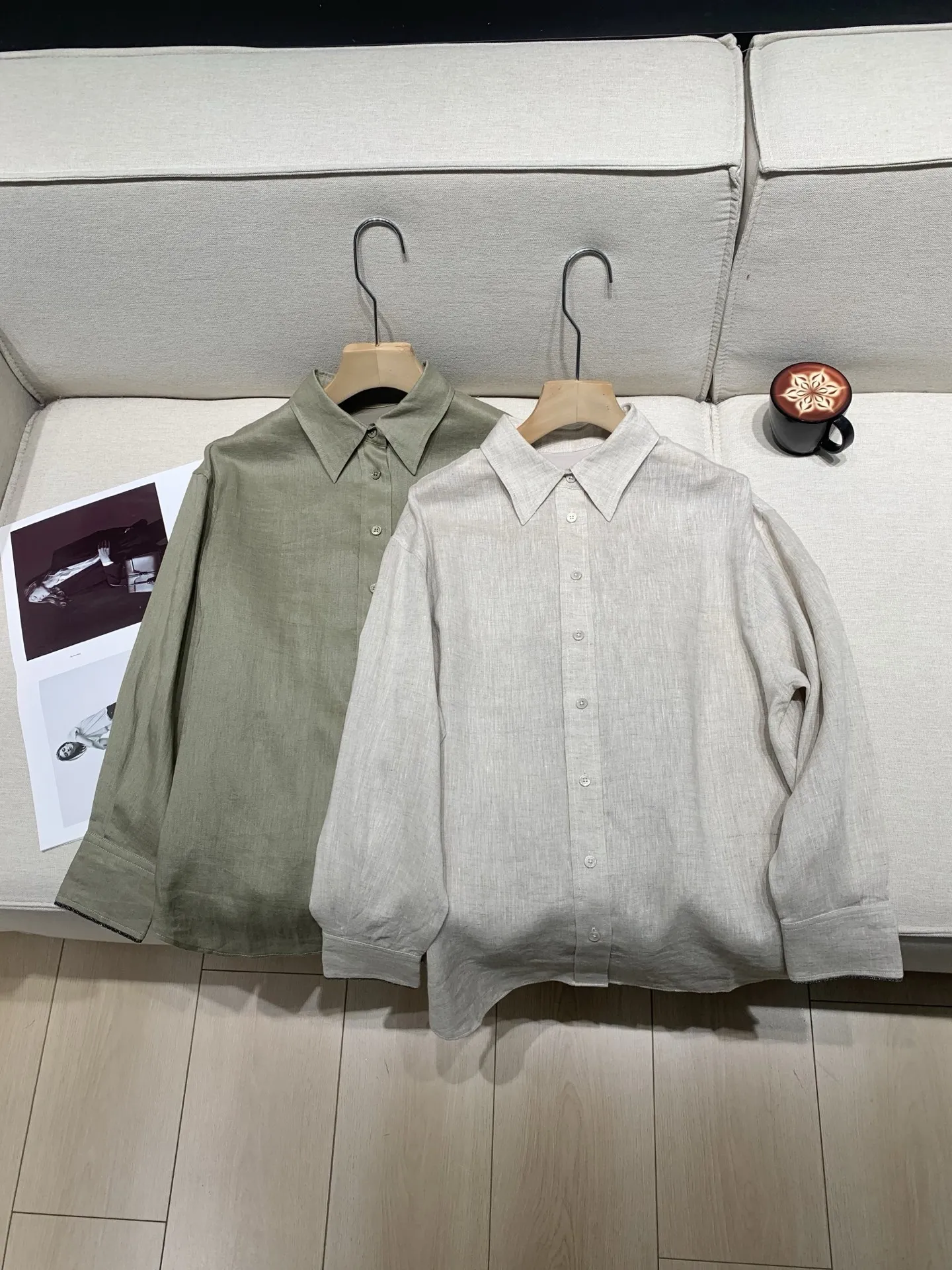 

Women Casual 100% Linen Shirt Beaded Long Sleeve Turn-down Collar Single Breasted Loose Blouse