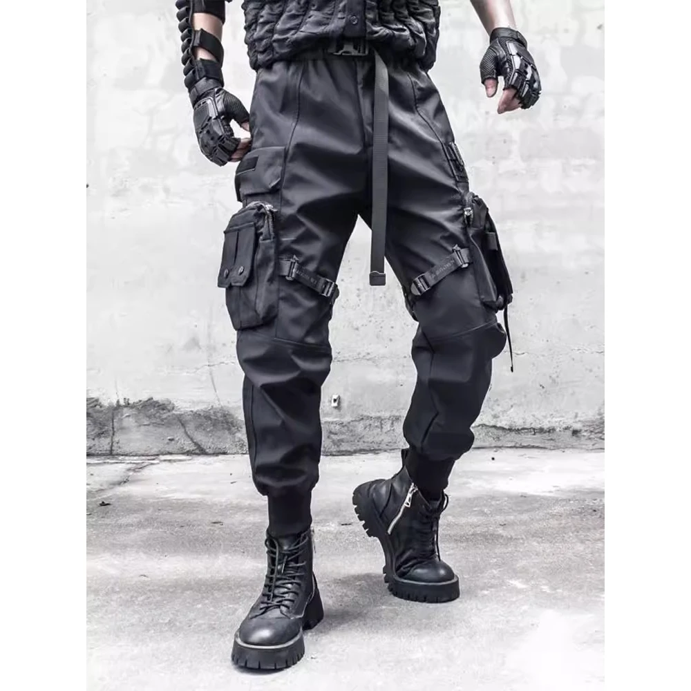 2024 Tactical Cargo Pants Men Fashion Multi Pocket Functional Trousers Elastic Waist Hip Hop Streetwear Pants Black