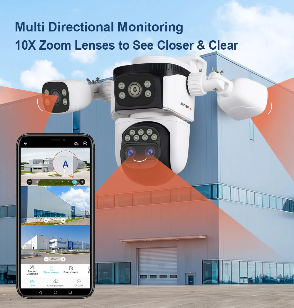 LS VISION 20MP 3-Screen 4-Lens 10X Optical Zoom WiFi Wireless Outdoor Security Camera PTZ with Auto-Tracking Surveillance Camera