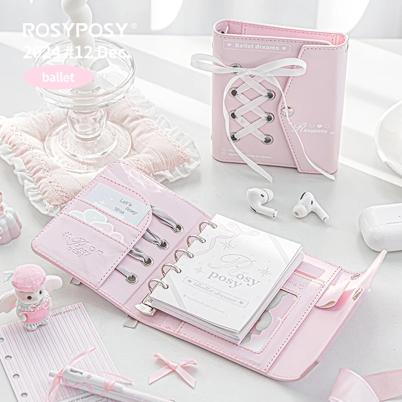 Kawaii Ballet Ribbon Binder M5 Notebook Silver Leather Journal Loose Leaf Girl Student Diary Notebook M5 다이어리 72pages