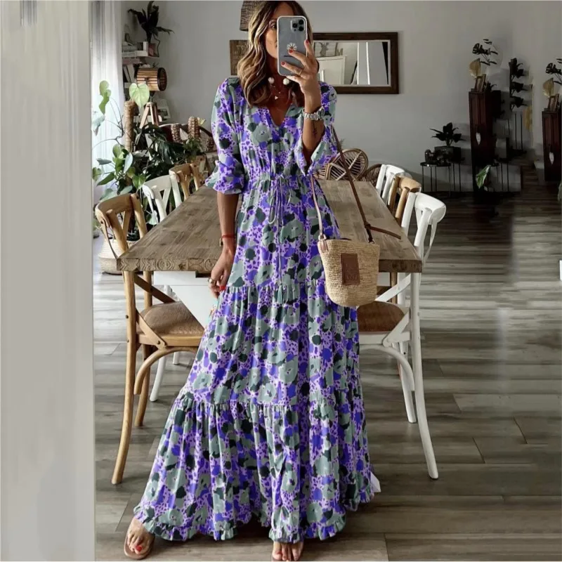 Abiti lunghi stampati di nuova moda da donna Sexy scollo a V mezza manica con lacci in vita Splic Boho Abiti casual per invitati al matrimonio Autunno