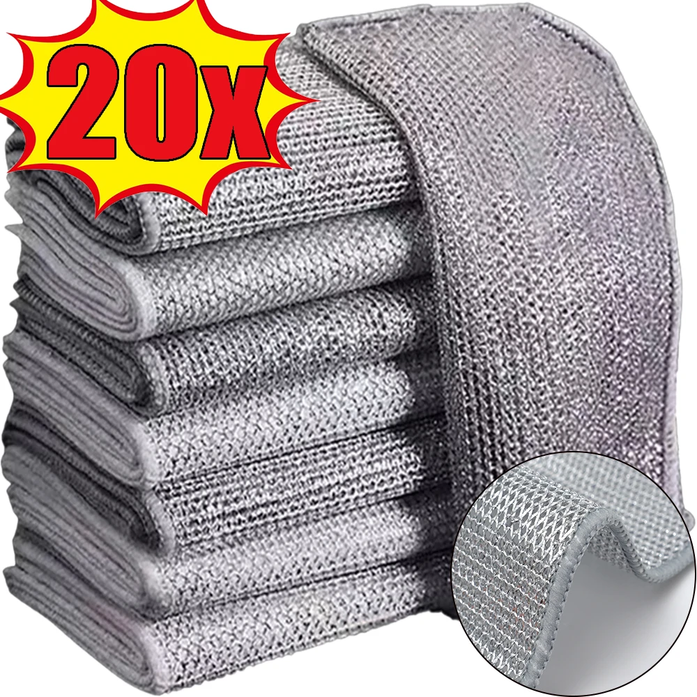 20/1PCS Thickened Steel Wire Cleaning Cloth Non-Scratch Double-layer Microfiber Mesh Dishrag Kitchen Household Clean Accessories