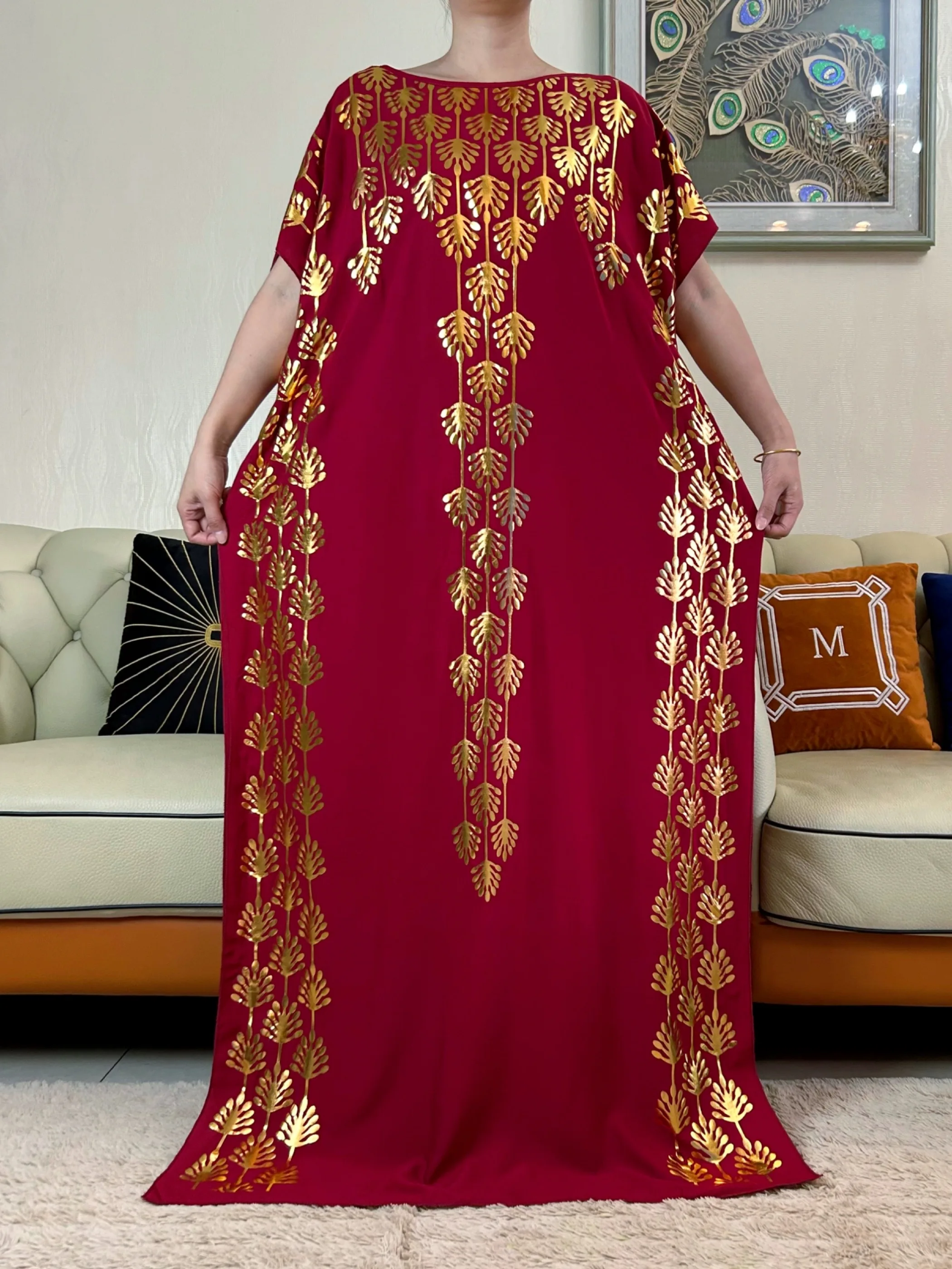 New Fashion Summer Dress With Big Scarf Dubai Turkey Kaftan Muslim Loose  Abaya Women African Casual Maxi  Gold Stamping  Robe