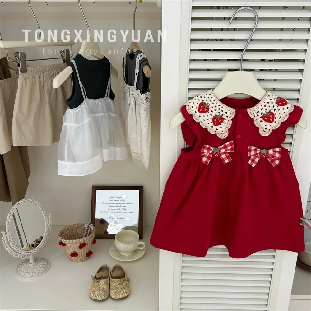 

Baby Girl Dress Summer Dress Bow Red Strawberry Vest Skirt Girls Skirt Fashion Casual