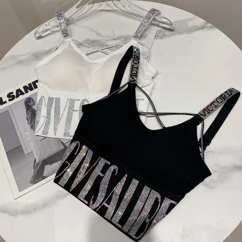 2025 New Spring Summer Women Bottoming Camis Hot Drilling Letters Shoulder Strap Slimming Camisole Chest Pad Crop Tube Top